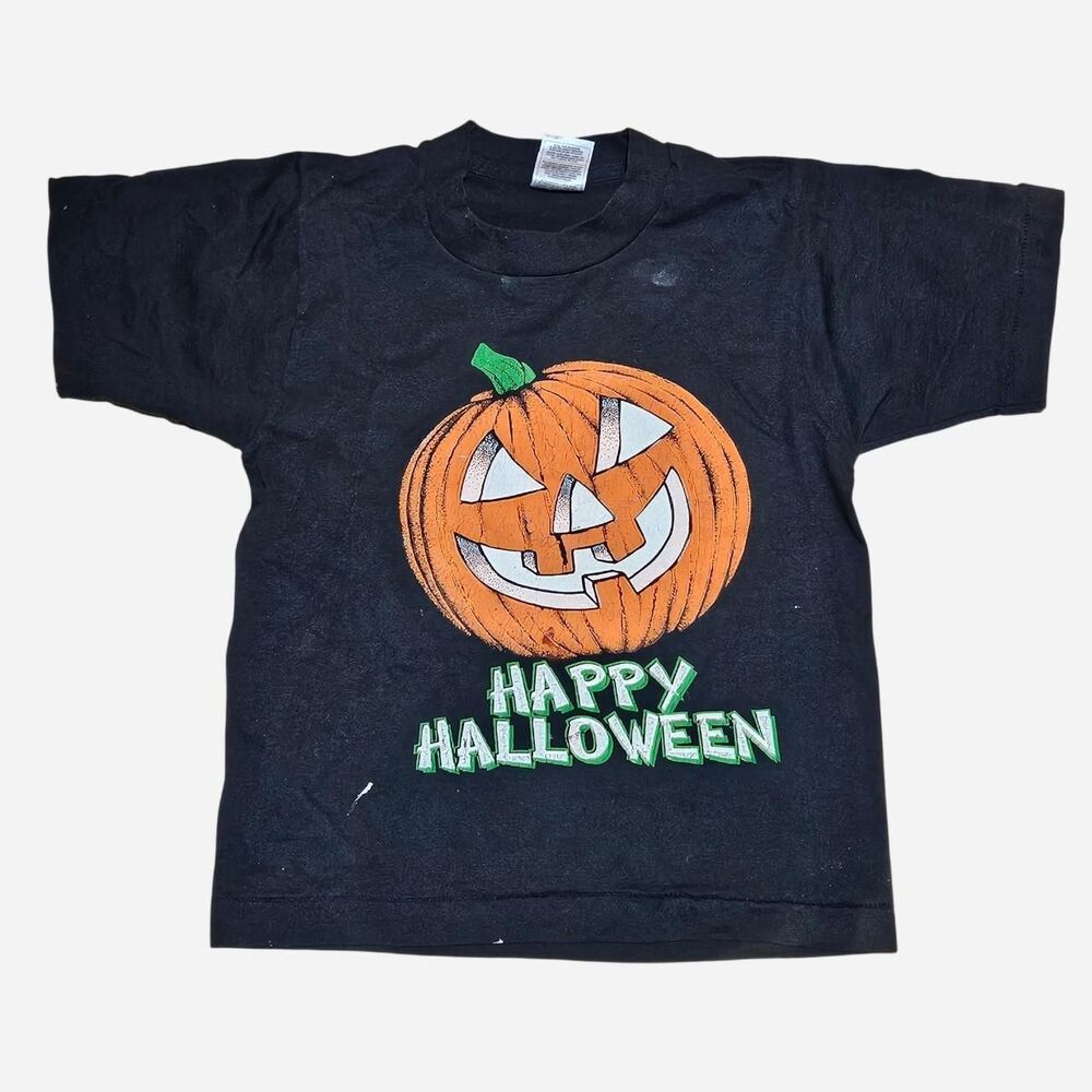90s black Happy Halloween jack-o-lantern graphic tee